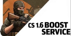 Retro CS 1.6 soldier holding a gun next to the text "CS 1.6 BOOST SERVICE" in a pixel font.