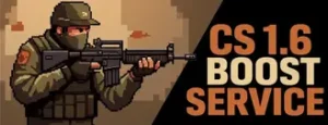 Retro CS 1.6 soldier holding a gun next to the text "CS 1.6 BOOST SERVICE" in a pixel font.