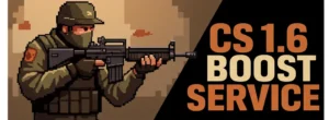 Retro CS 1.6 soldier holding a gun next to the text "CS 1.6 BOOST SERVICE" in a pixel font.