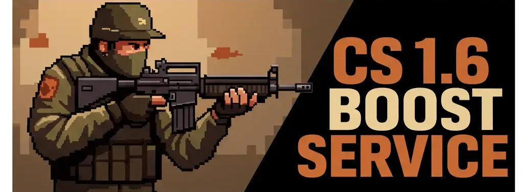 Retro CS 1.6 soldier holding a gun next to the text "CS 1.6 BOOST SERVICE" in a pixel font.