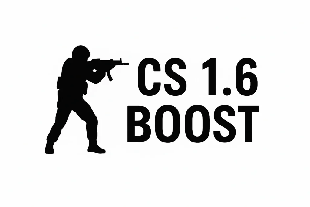 O siluetă neagră a unui jucător de Counter-Strike ținând o pușcă, stând lângă textul "CS 1.6 BOOST" cu litere mari negre pe un fundal alb.