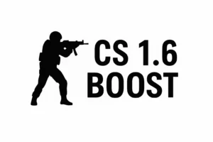 A black silhouette of a Counter-Strike player holding a rifle, standing next to the text "CS 1.6 BOOST" in black capital letters on a white background.